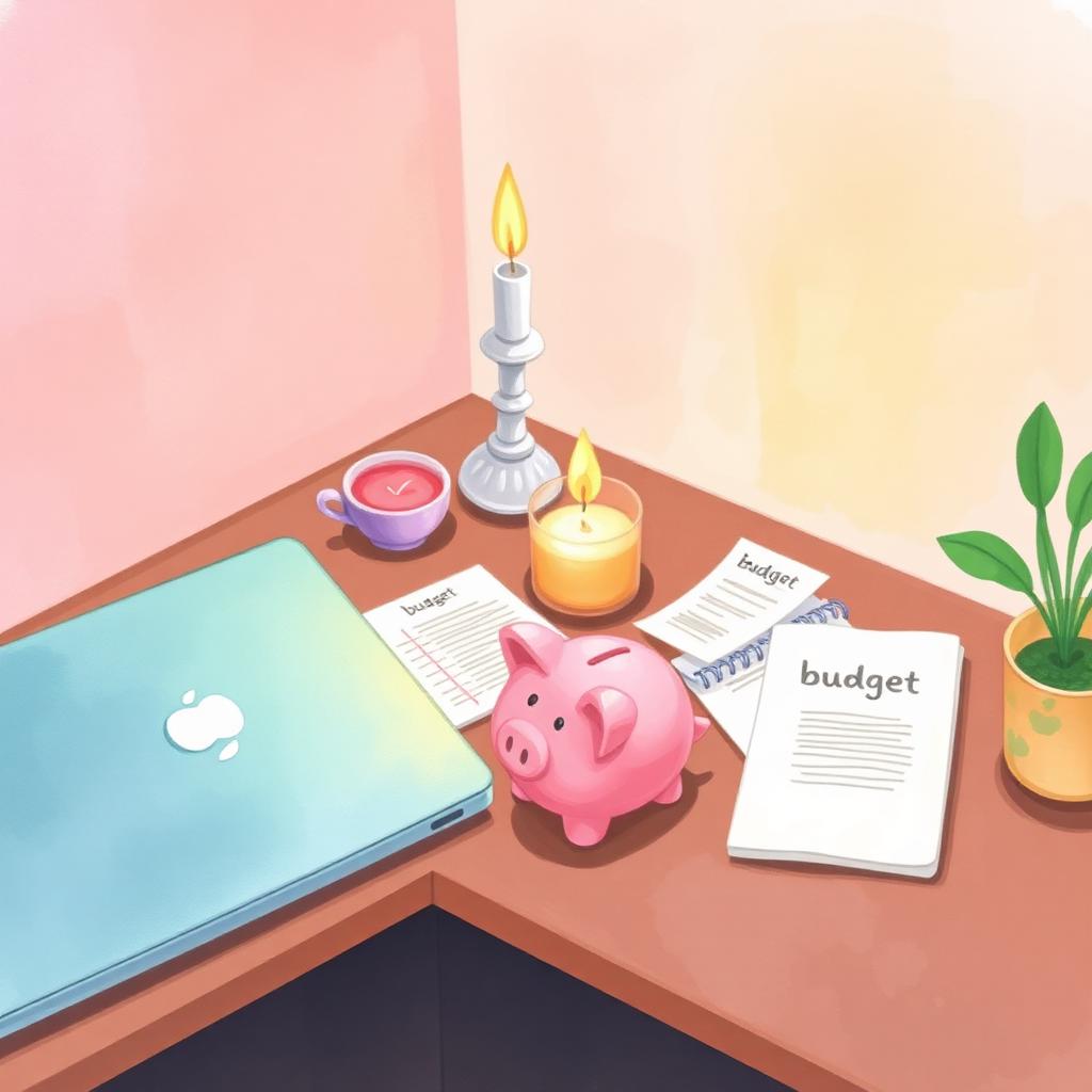 Pastel still life of a cozy home desk with a notebook labeled budget, candle, and a small pink piggy bank