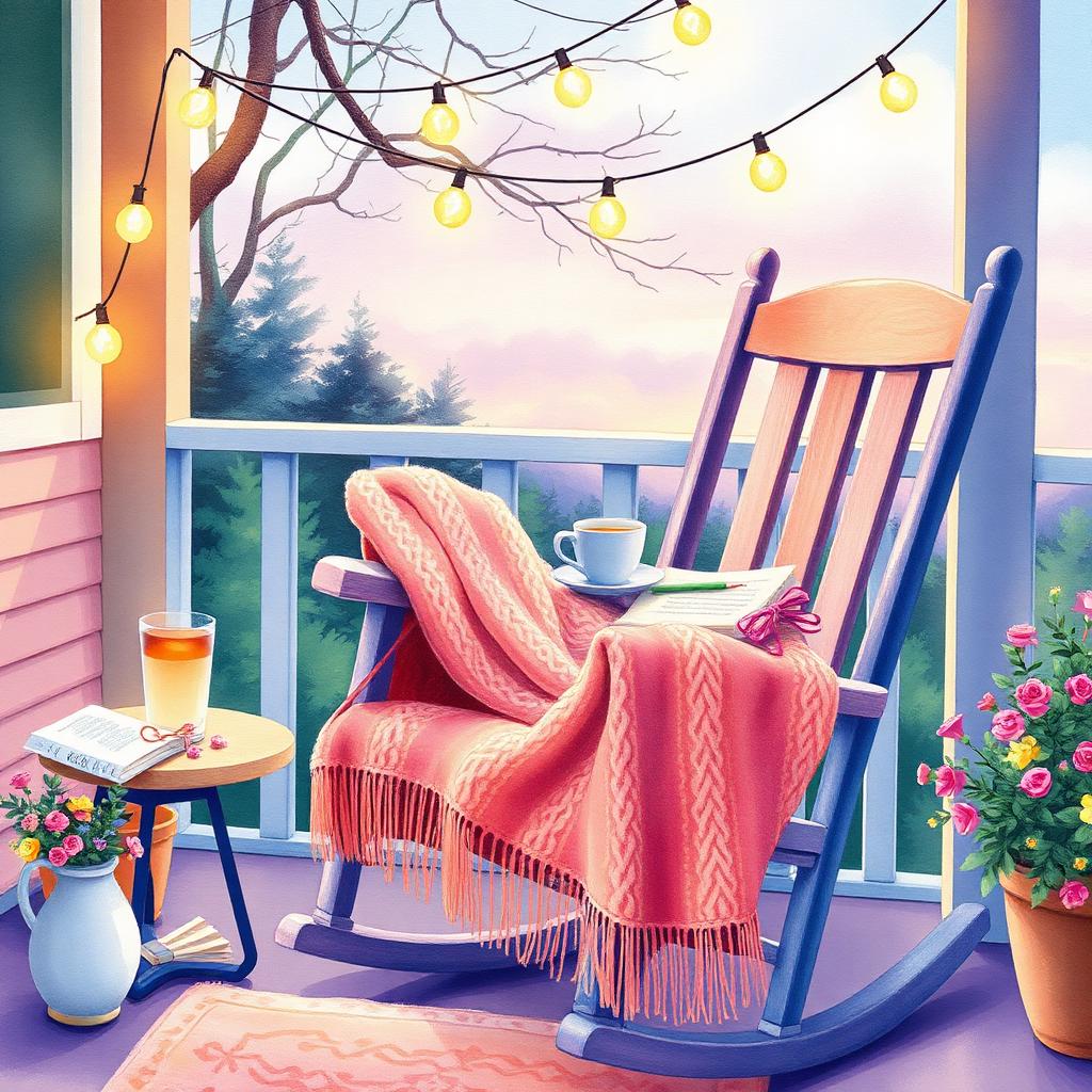 Pastel still life of an evening porch with a knit blanket on a rocking chair, tea, a book, and warm string lights