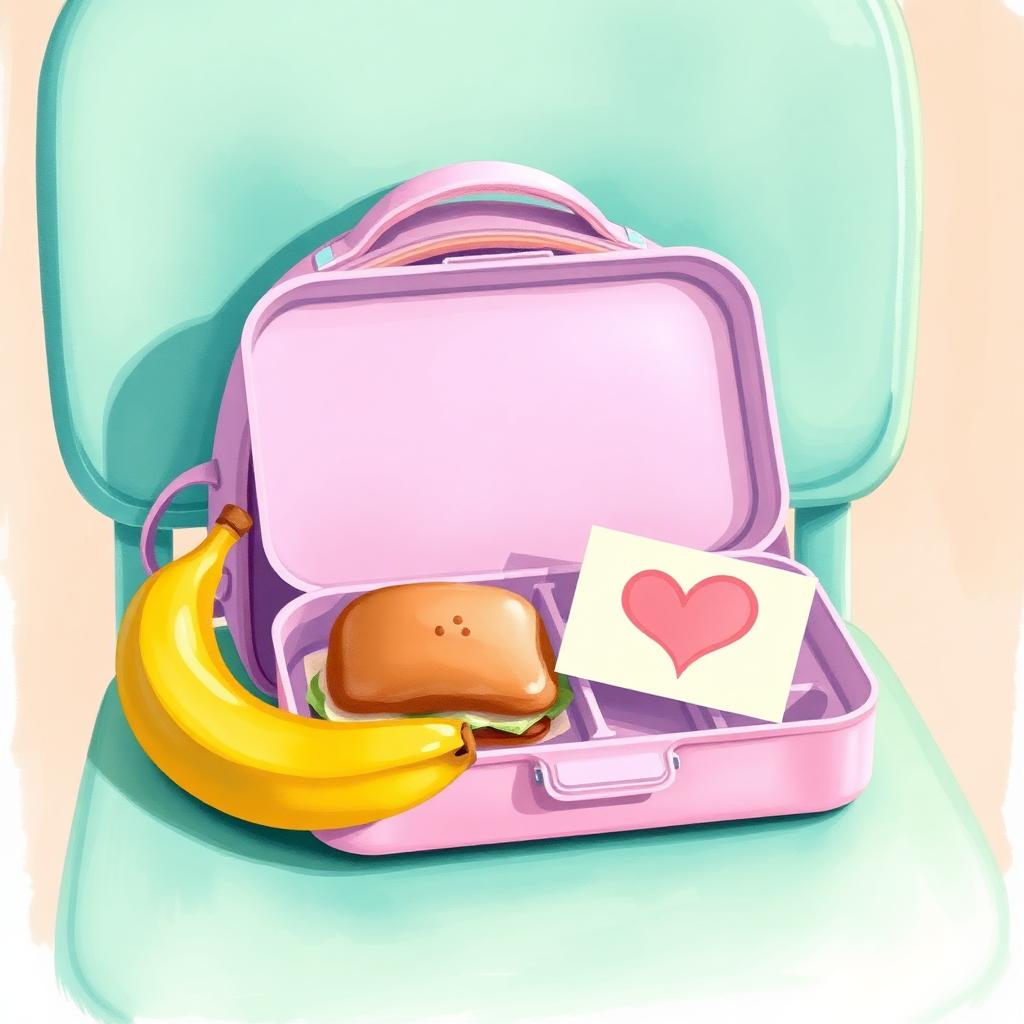 Pastel still life of a school morning lunchbox with a sandwich, banana, and a sticky note heart on a chair