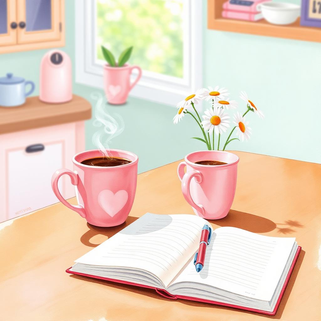 Pastel still life of a pink coffee mug, daisies in a small vase, and an open journal on a sunny kitchen table