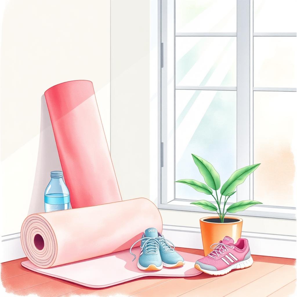 Pastel still life of a rolled pink yoga mat, glass water bottle, sneakers, and a potted plant by a sunny window